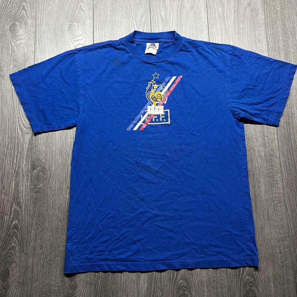 Vintage Adidas Soccer FFF French 1990s T Shirt Football Blue Medium